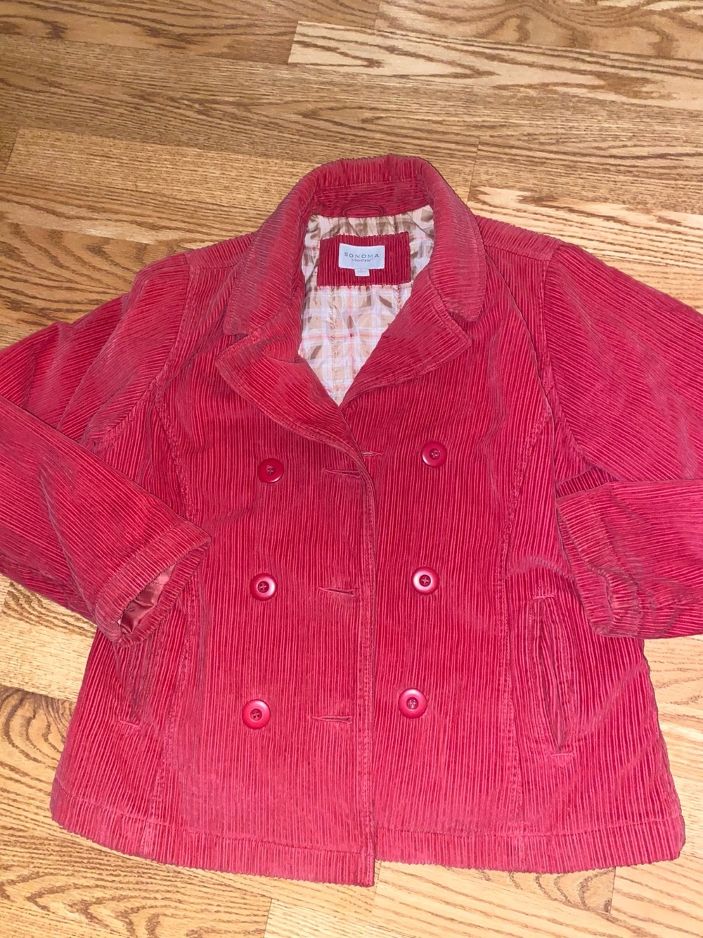Sonoma Red Corduroy Double-Breasted Pea Coat
